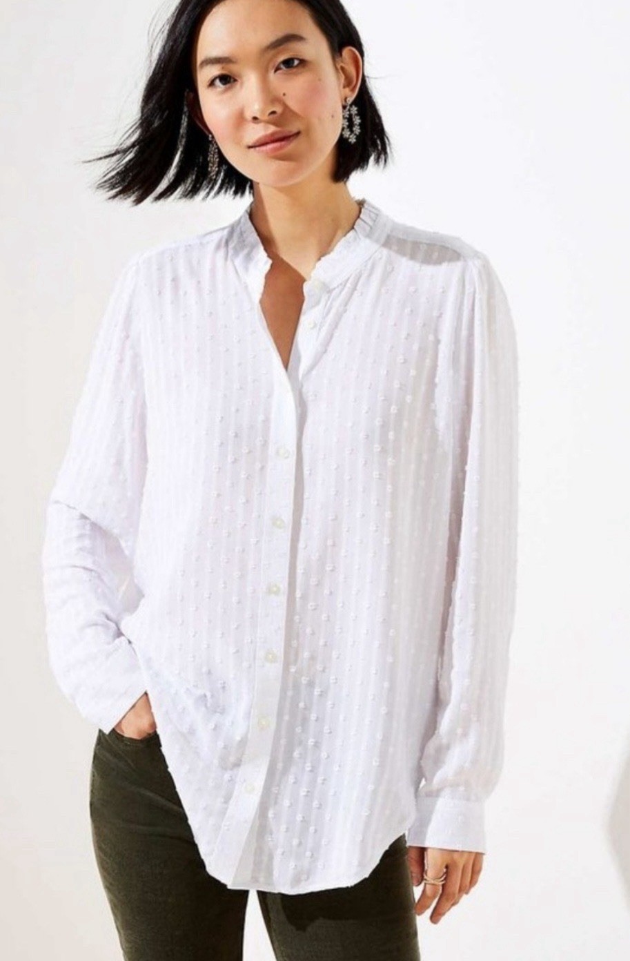 LOFT White Embroidered Dot Button-Up Blouse