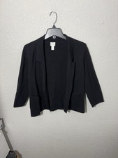 Chico  s Size 1 Black Open Front Knit Cardigan Shrug 3/4 Slv Cotton Women As Is
