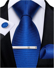 Mens Silk Necktie Solid Color Tie and Pocket Square Cufflink Tie Clip Set Woven