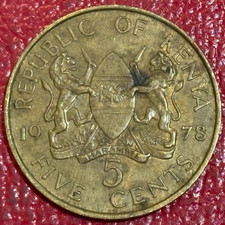 HIGH GRADE 1978 KENYA 5 CENTS KENYATTA LIONS IN ARMS COIN-DEC418