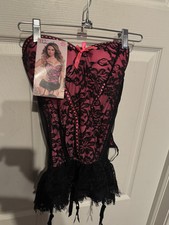 NWT Seven Til Midnight Hot Pink Black Lace Bustier/Corset With Panties Size S