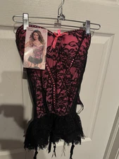 NWT Seven Til Midnight Hot Pink & Black Lace Bustier/Corset With Panties Size S
