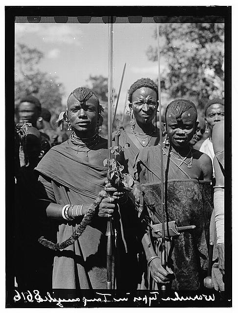 Masai Warriors with their spears at Wedding,Arusha,Tanganyika,Tanzania,Africa
