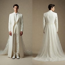 Men White Wedding Long Jacket Peak Lapel Formal Back Tuxedo Coat Wedding Party
