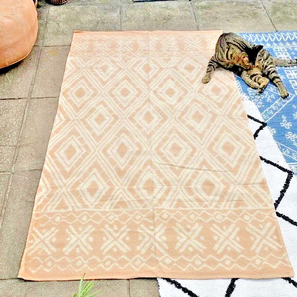 Peach Geometric Block Print Rug Boho Light Pink Cotton Bohemian African 3x5 New