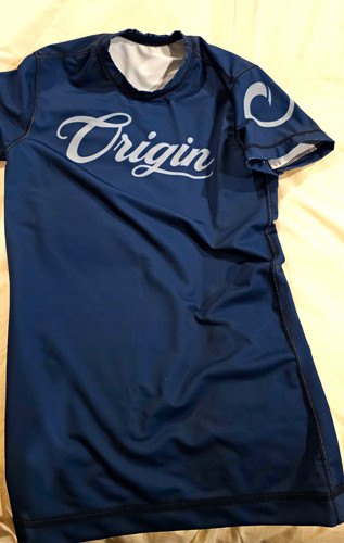 Origin USA Large SS Compression Fit Script Rash Guard Admiral Blue. Never Used