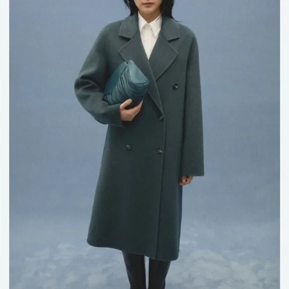New NWT Womens XXS Mango MNG Handmade Wool Coat Belt Dark Teal Blue Picarol