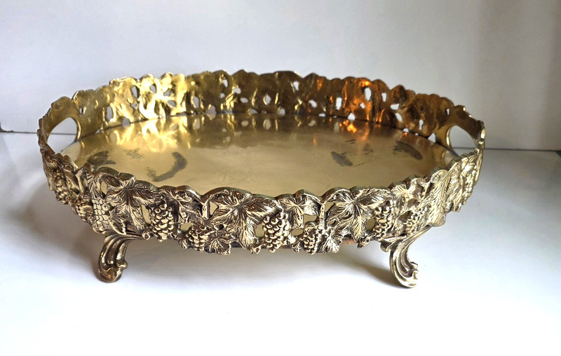 Vintage CASTILIAN IMPORTS Heavy Brass Grape Motif Footed Tray India GORGEOUS