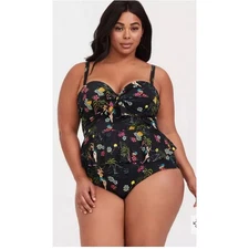 Torrid Sz 00F Black Hula Girl Tie Front Underwire Tankini Top Plus Size Swim
