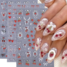 3Pcs 5D Embossed Bow Nail Stickers Self-Adhesive Heart Strawberry Cherry Ribbons