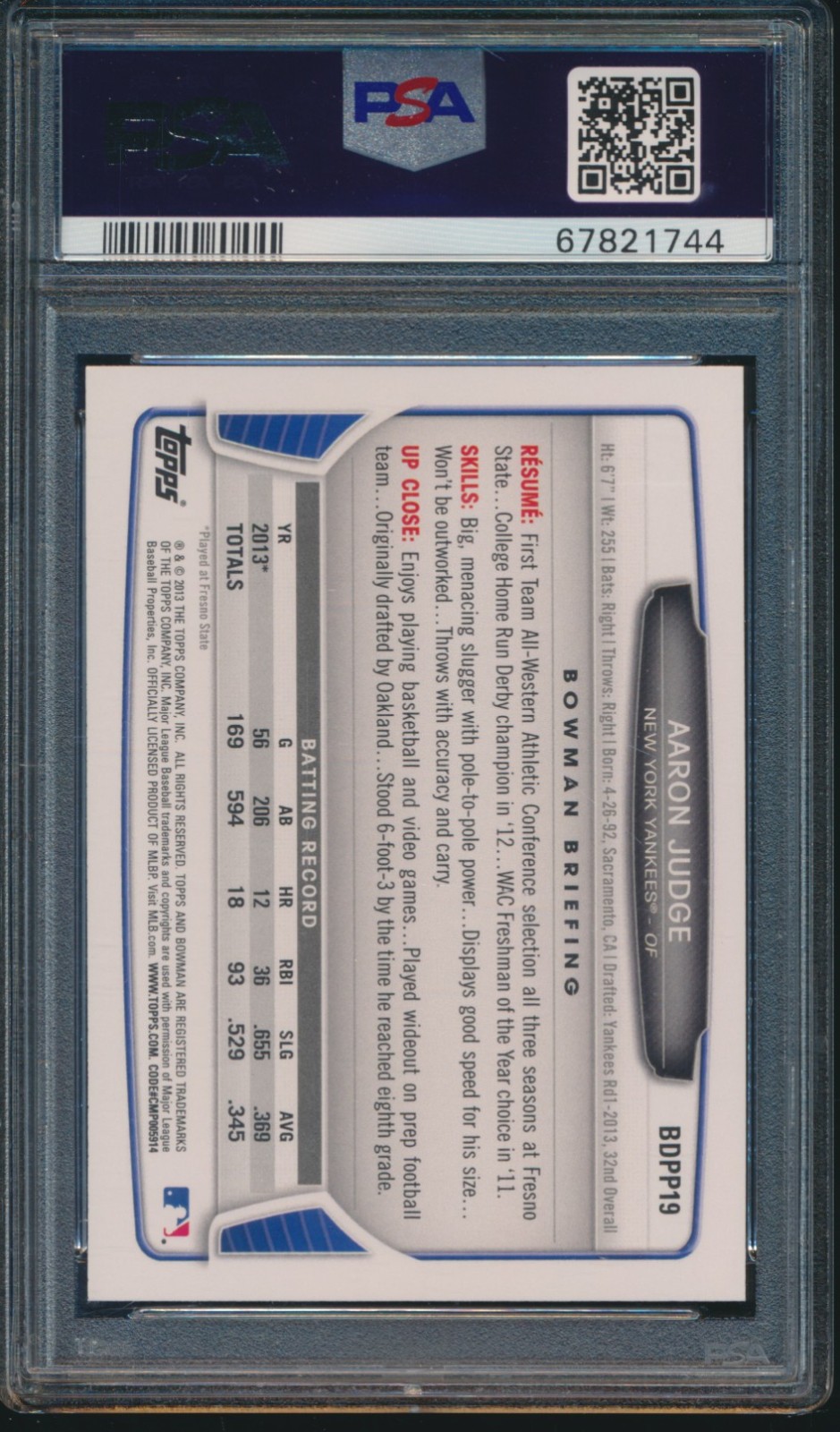 PSA 10 AARON JUDGE 2013 BOWMAN DRAFT PICKS NY Yankees Rookie Card RC GEM MINT view 2