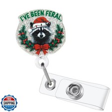 Christmas Holly Santa Hat Raccoon Badge Reel Retractable Funny Bo