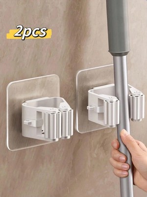 2 Stück Selbstklebende Wandmontage Mopp Halter Haken Besen Aufhänger Feder Clip Rack...