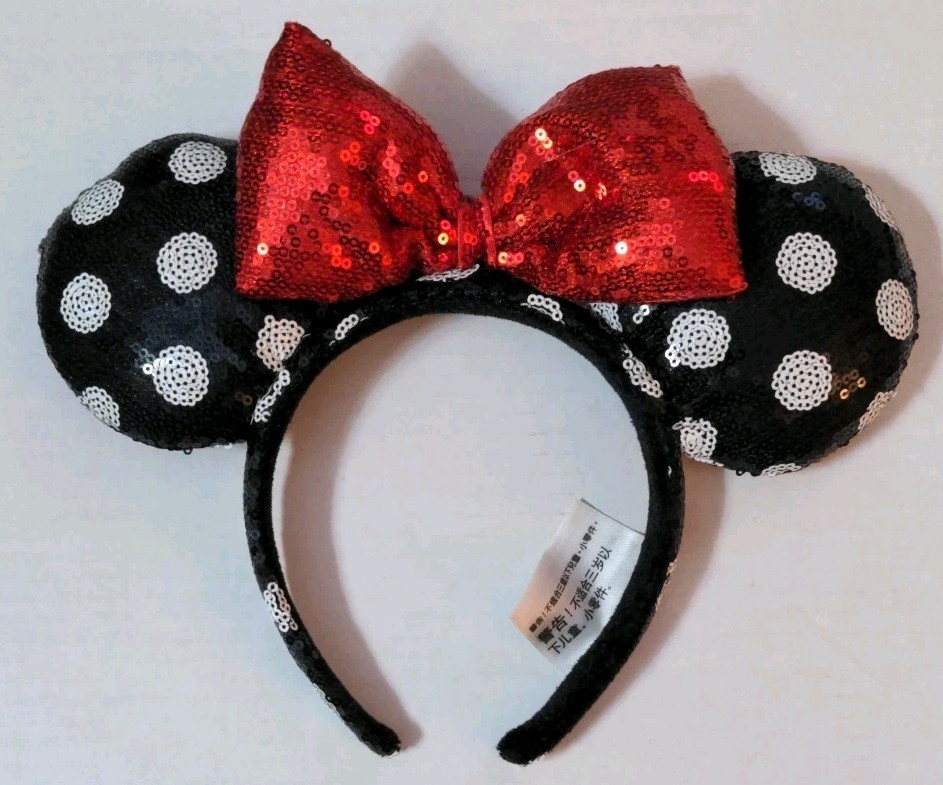Minnie Mouse Black White Polka Dot Red Sequin Bow Disney Parks Ears Headband