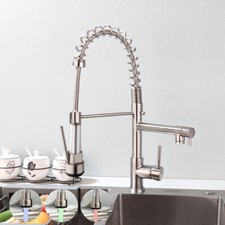 LED Nickel Brushed Kitchen 360 Swivel 2 Spout Faucet Pull Down Spray Mixer Taps