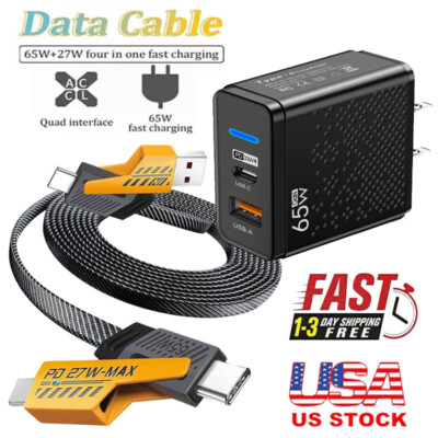 65W Fast Type C Charger , 4-in-1 Cable For iPhone 16 15 14 13 12 11 Pro Max X XR