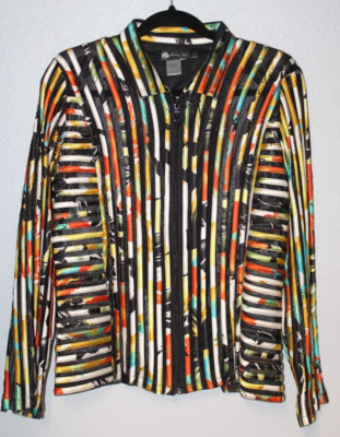 Damee Inc Black Pink 3D Ribbon Multicolor Long Sleeve Top Full Zip Jacket LARGE