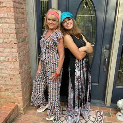 70 s Costume Geometric Print bellbottoms Jumpsuit with accessories, sz M Ces Fem