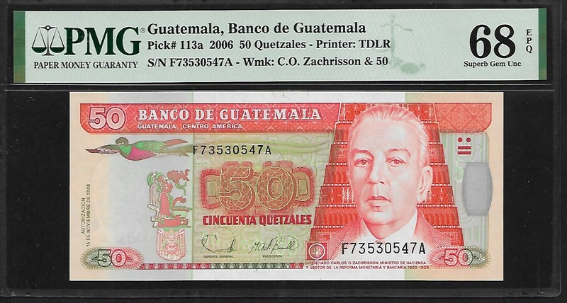 Guatemala 50 Quetzales  2006 PMG 68 EPQ UNC P#113a PMG Population 7/0