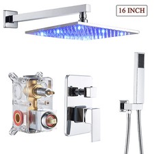 Chrome Shower Faucet set with Mixer Valve 16 LED Rainfall Sprayer Head Combo Tap