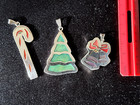 Silver & Enamel Christmas Ornaments, Set of 3, Tree, Candy Cane & Bells — photo 3