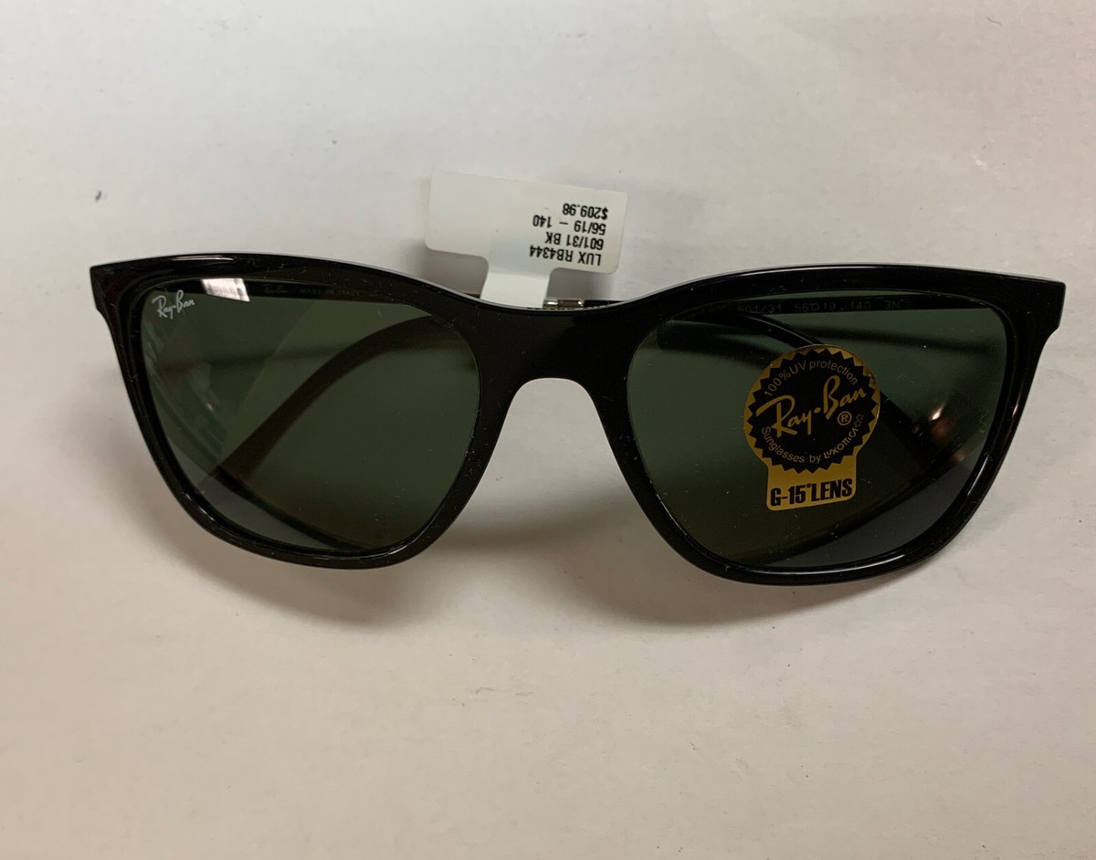 New RAY-BAN RB4344 601/31 56-19-140 Black Frame/Silver Arm/Green