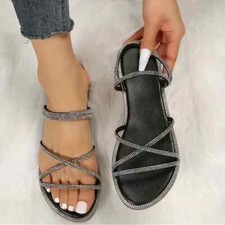Women's Rhinestone Flat Slippers Black Sandal Slides Size US 9
