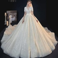 GREOENEL Amor All Over Full Shiny Ball Gown Wedding Dress with Chapel Train