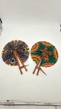 African Ankara Fabric Foldable Round Vibrant Fan With Leather Handles Set Of 2