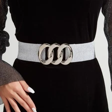 Women's Silver Shimmering Elastic Waist Band Silver Buckle Belt