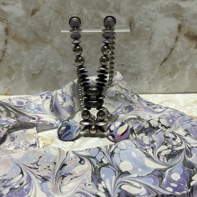Vtg 3 pc Set Marbles Brand Marbled 100% Silk Oblong Scarf Earrings Necklace