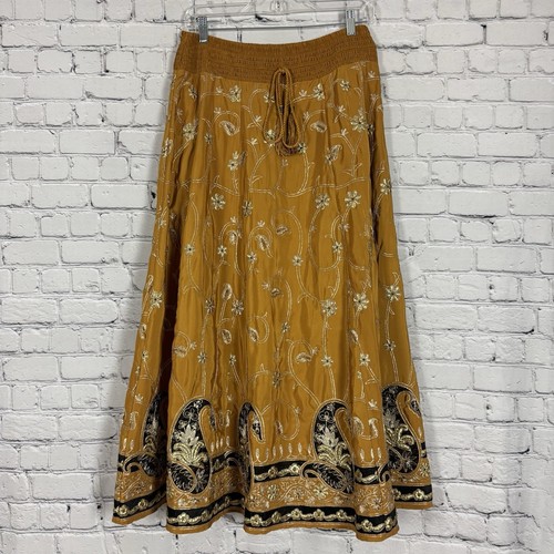 Soft Surroundings Samaira Paisley Maxi Skirt Embellished Embroidered Gold PS
