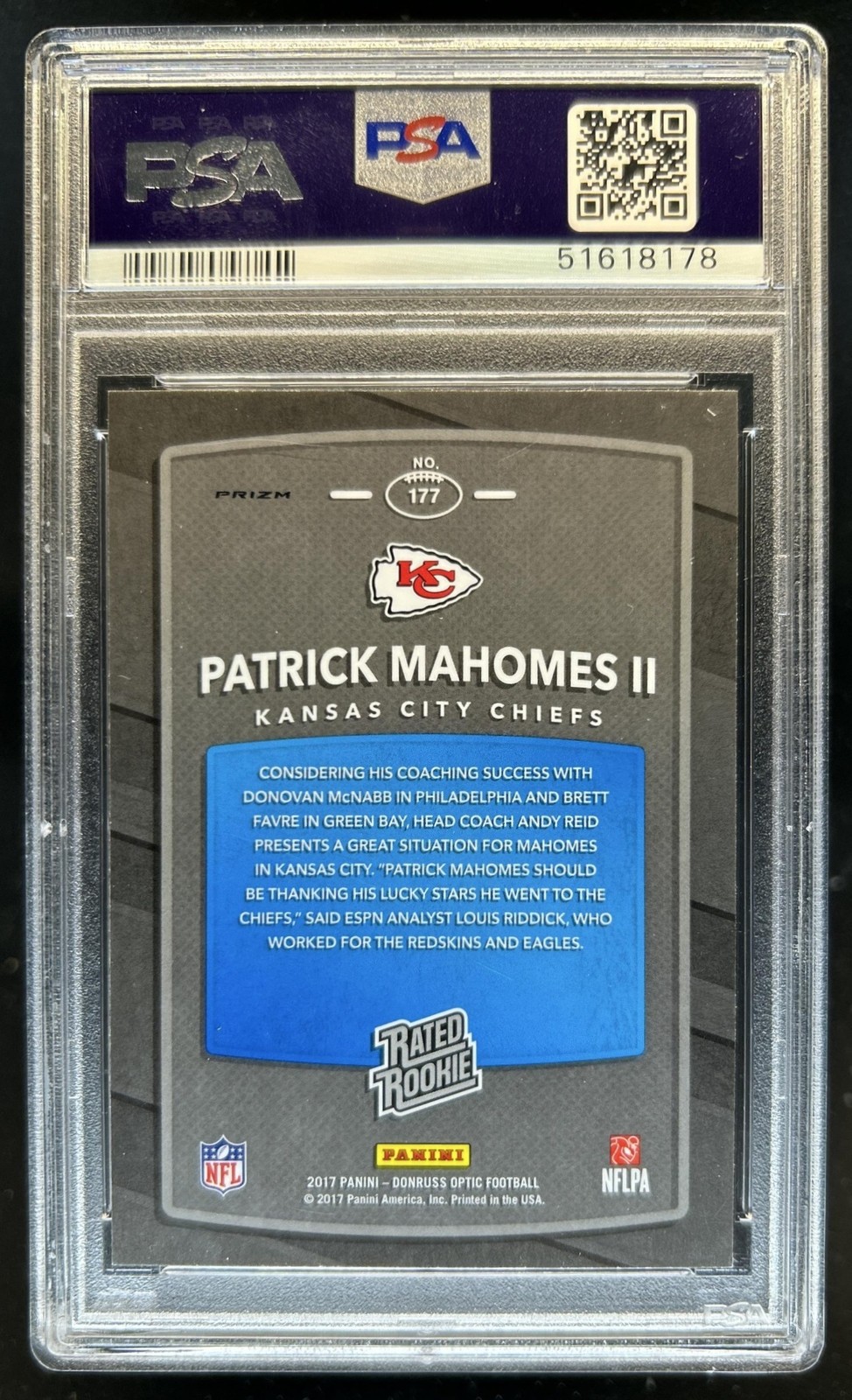 2017 Donruss Optic Patrick Mahomes II Red and Yellow RC Rated Rookie #177 PSA 10 view 2