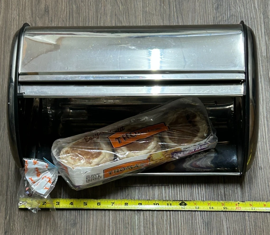 Vintage STAINLESS STEEL BREADBOX Retro Atomic Silver Metal Bread Pastry Bin 17"
