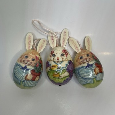 Vintage Decoupage Paper Mache Easter Bunny Rabbit Flowers Egg Ornaments Lot of 3