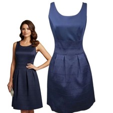NY&C Navy Blue Sleeveless Fit Flare Dress Textured Waistline Pleated Skirt S