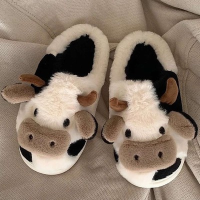 Cow Slippers for Women Men Fluffy Cute Cozy Cartoon Cow Winter Warm Slippers