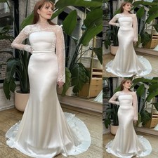 Satin Mermaid Wedding Dresses with Long Sleeves Lace Applique Bridal Gowns Train