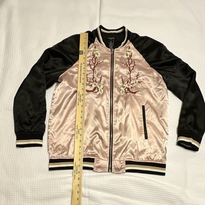 Anna Cai Embroidered Floral Full Zip Pocket Bomber Jacket Pink Black M Women