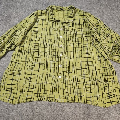 John Mark Shirt Womens 2X Green Black Button Up Roll Tab Wire Collar Tunic Top
