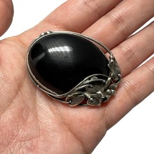 Antike 835 Silber Brosche mit schwarzem Onyx – Jugendstil floral, 1890–1910