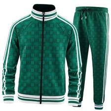 Men Tracksuits Full-zip Long Sleeve Plaid Track Jackets and Pants Large Ai-ke07