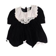 Vintage Size 18M Black Velvet Baby Doll Dress W/ White Lace Collar  Bow Short