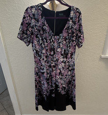 NWT Gabby Skye Women's Size 12 Black Purple Pink Floral V-Neck A-Line Dress