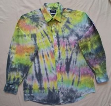 Tie Dye Black Rainbow Long Sleeve Button Down Dress Shirt - Large Mens Cotton