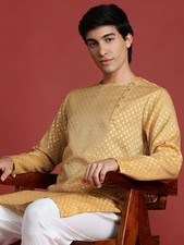Mens Ethnic Kurta Mustard Yellow Printed Tunic Festive Wear Indian Diwali Eid