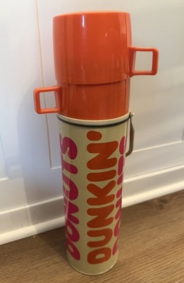 Dunkin Donuts Metal Thermos With 2 Cups Lid & Handle 1980s Vintage