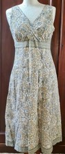 ANOKHI for EAST Dress 14 Beige Grey Hand Block Printed Floral Midi V Neck Lined