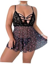 Women Plus Size Lace Lingerie Flower Print Nightwear Hollow Out 4X-Large Black