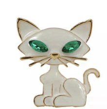 Gold Tone White Enamel Rhinestone Green Eyes Kitty Cat Brooch Pin NWOT